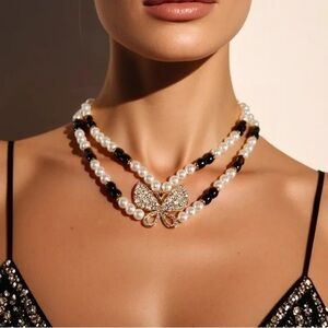 Butterfly Pendant Evening Necklace with Pearls